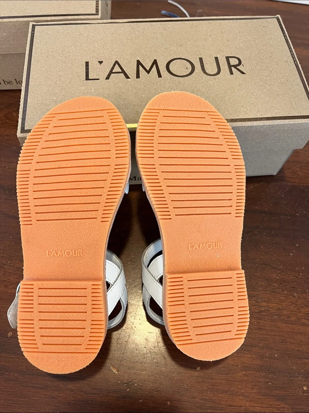 L'Amour White Zigzag Strap Kids Sandals with Tan Footbed